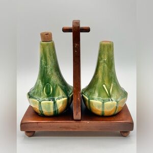 Antique Vintage Ceramic Oil & Vinegar Cruet Set With Wooden Stand 8"